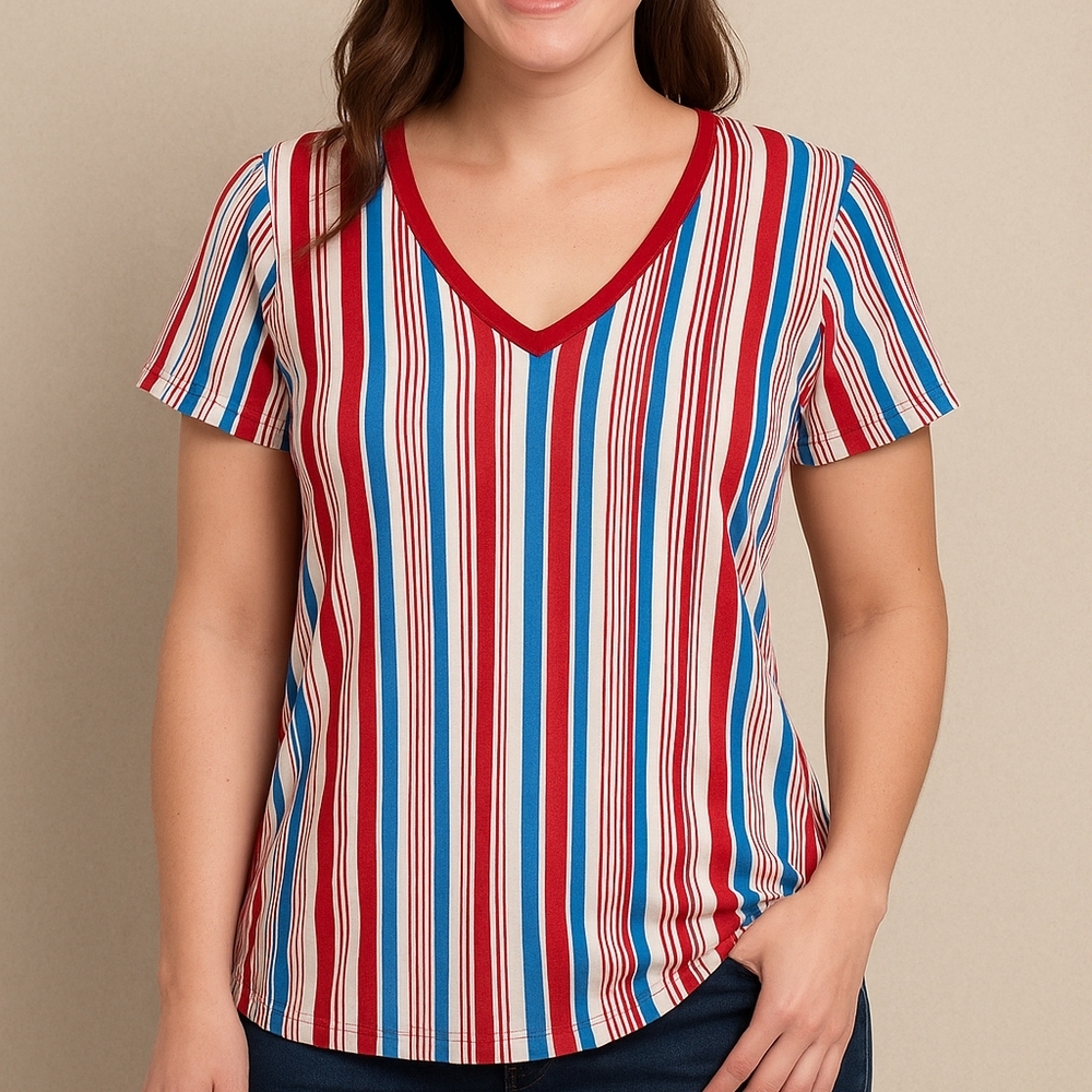 LuLaRoe Christy T Red, White & Blue Striped V-Neck Top – Size M NEW